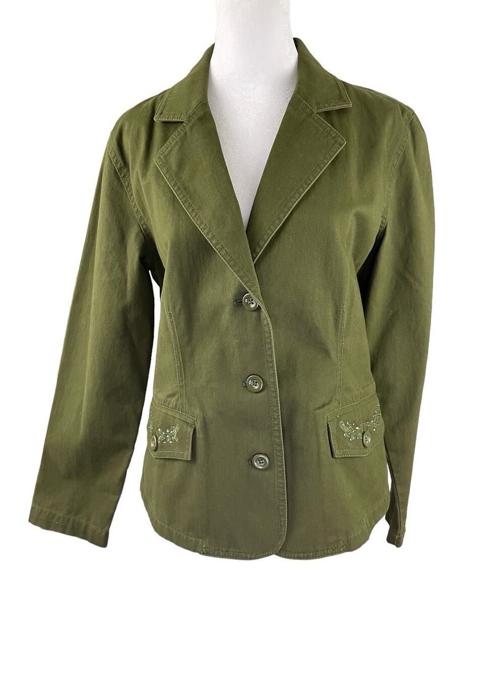 Chico's 1 (US 8 M) Jacket Green 3 Button Embroidered Rhinestones Long Sleeve